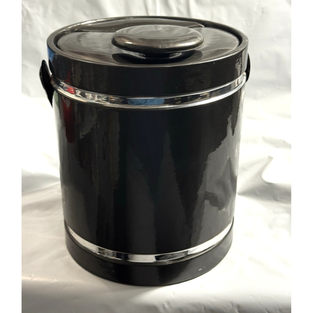 Vintage Mid Century Modern Dark Gray Insulated Ice Bucket Handle Chrome Trim